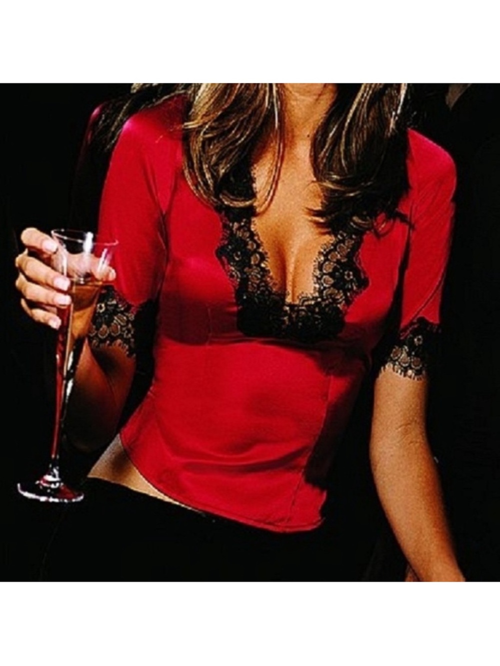 Moda International Red Satin Silk Short Sleeve Chemise w Black Lace Trim. Size M